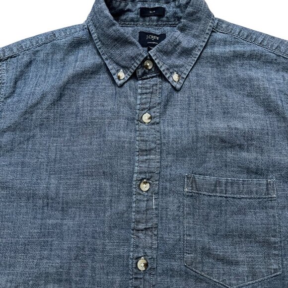 J.Crew Shirt Mens Size M Short Sleeve Chambray Slim Fit Pockets Cotton Blue - Picture 2 of 6